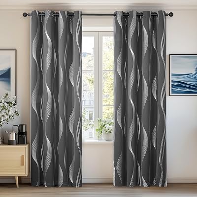 Deconovo Grey Curtains Silver Wave Foil Printed Blackout 2 Panels 46 x 90 Inch