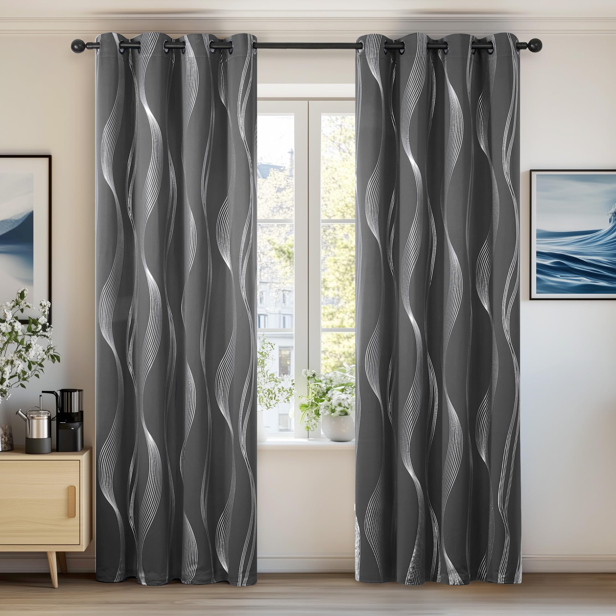 Deconovo Super Soft Wave Line Foil Printed Thermal Insulated Blackout Eyelet Curtains Window Treatment Eyelet Curtains for Living Room Dark Grey 55 x 94 Inches 2 Panels