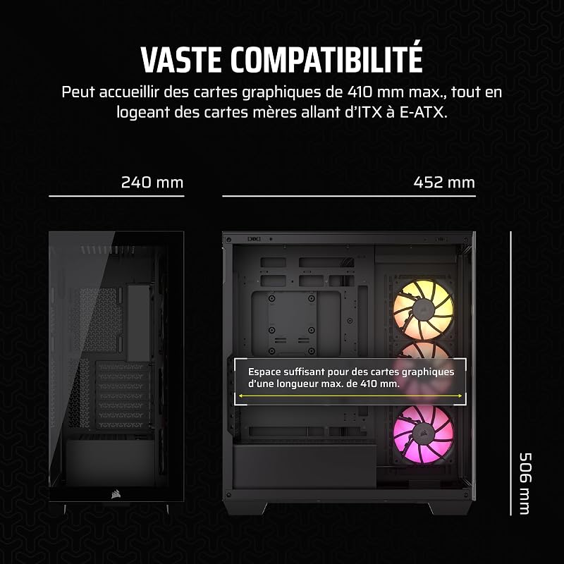 iCUE LINK 3500X RGB Boîtier PC ATX Mid-Tower à Double Chambre – Verre Trempé Panoramique, Connexion Inversée Compatible avec La Carte Mère, 3X Ventilateurs iCUE Link RX120 RGB Inclus – Noir