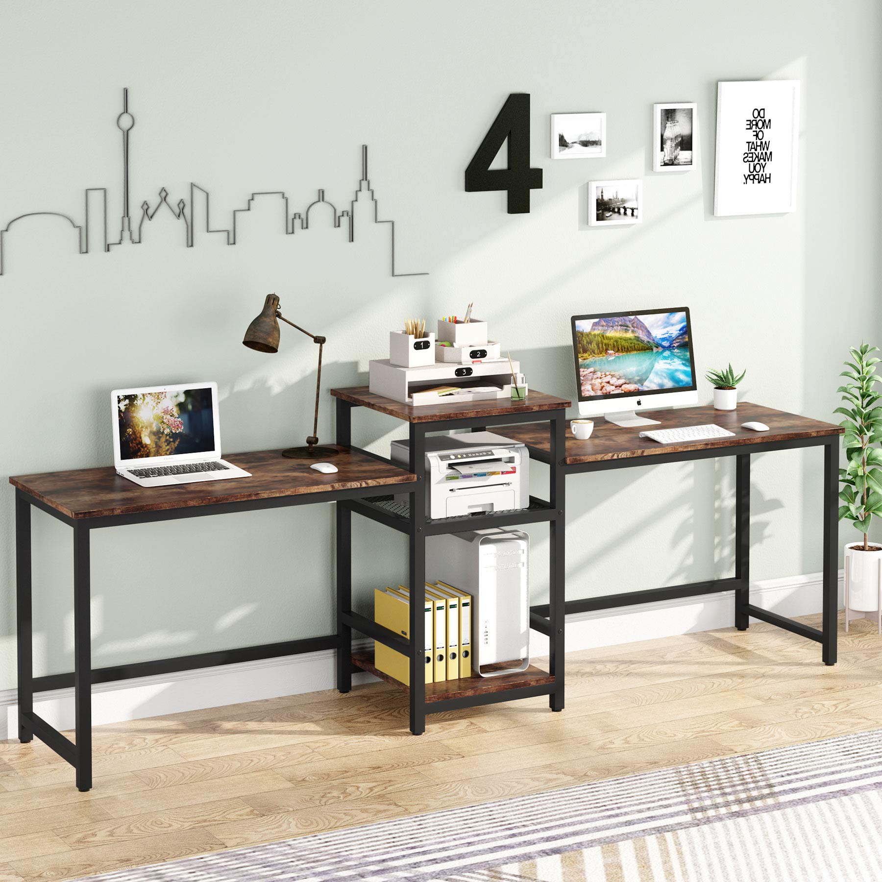 Tribesigns 96.9" Double Computer Desk with Printer Shelf, Extra Long Two Person Desk Workstation with Storage Shelves, Large Office Desk Study Writing Table for Home Office