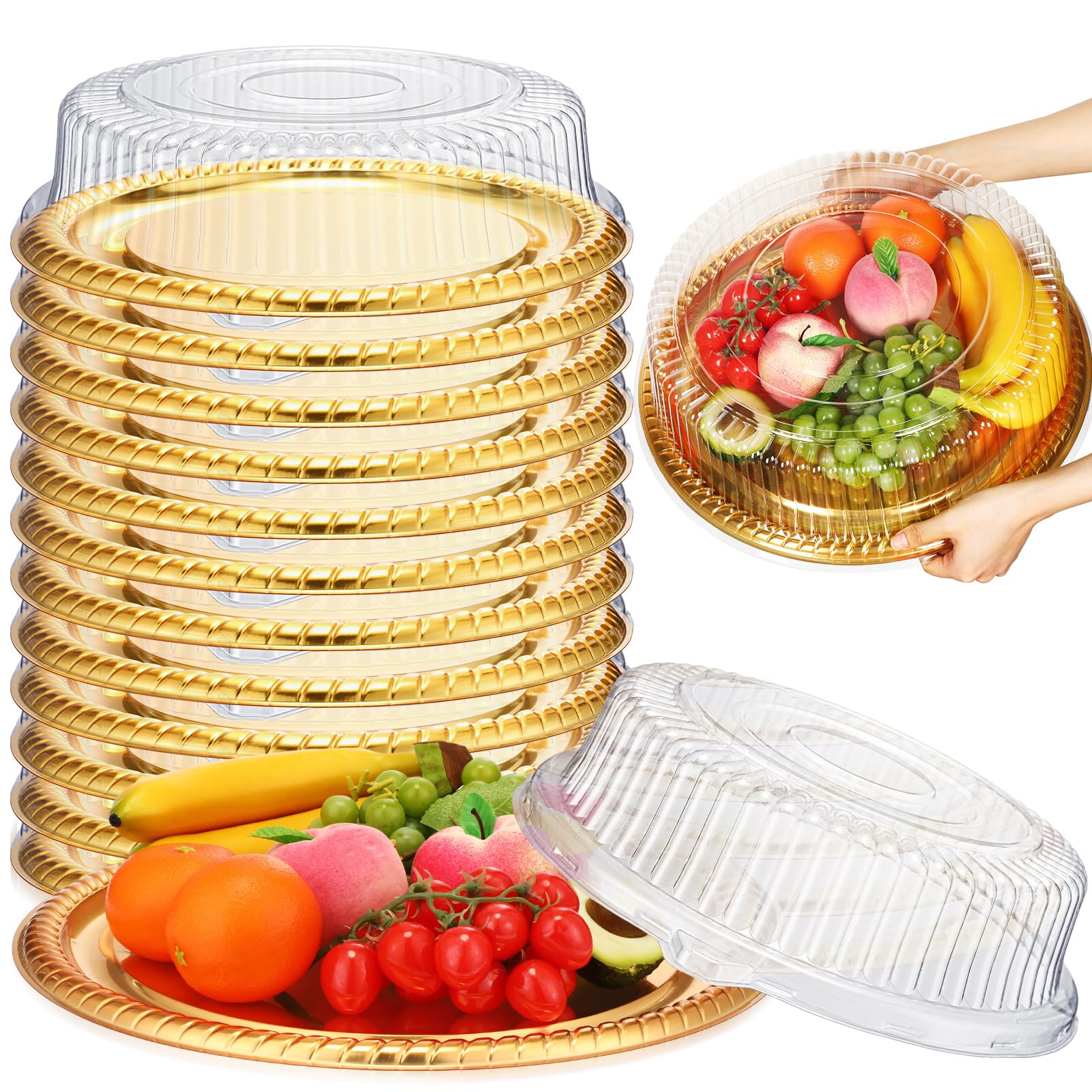 Photo 1 of Nitial 12 Pcs Heavy Duty Serving Tray with Clear Lid, Round Elegant Gold Catering Trays Disposable Large Plastic Platters for Fruit Cake Sandwich Party Takeout Food Picnic Supplies (16 Inches)