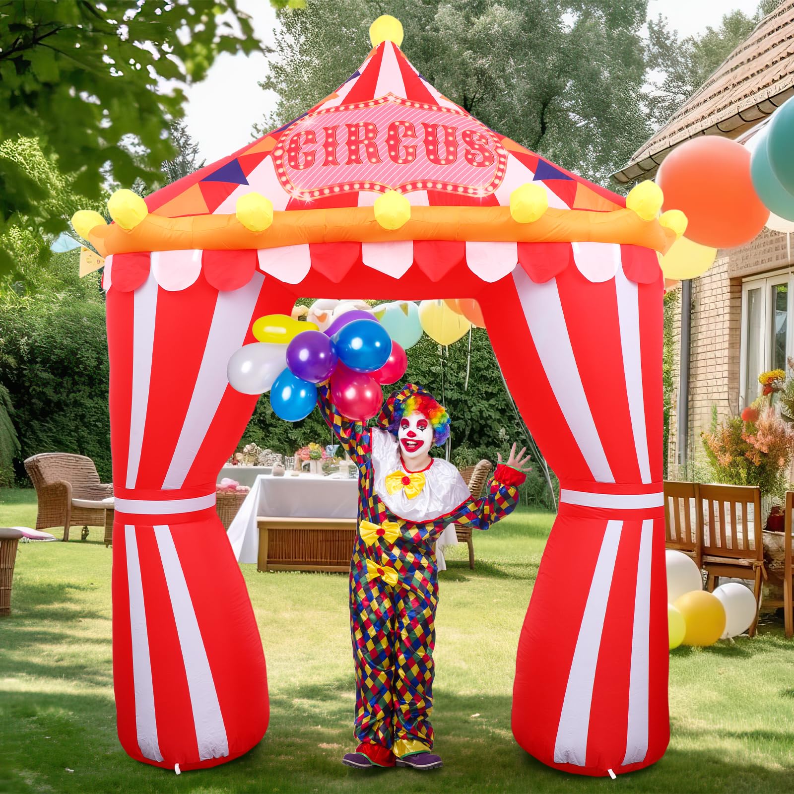 Photo 1 of 10ft Circus Party Decorations Inflatable Arch Blow up Tent Built in LED Lights Red and White Striped Archway for Circus Carnival Theme Birthday Party Decoration Outdoor Yard Garden Halloween Decor