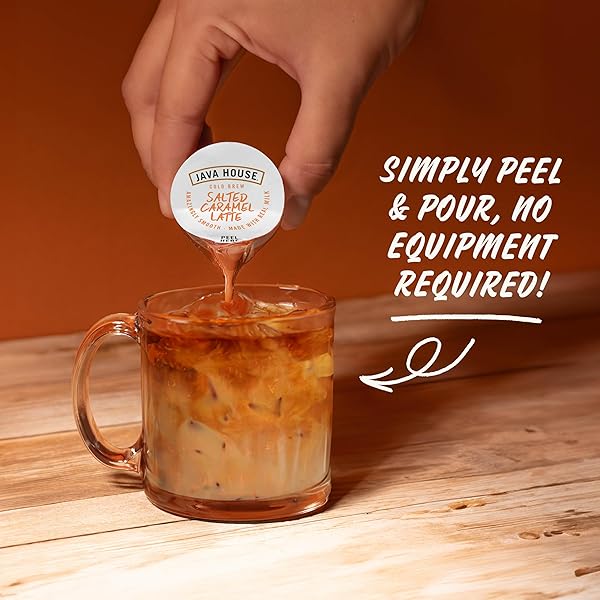 JAVA HOUSE SALTED CARAMEL LATTE COLD BREW COFFEE PODS, (12 COUNT) PEEL AND POUR PODS HOT OR ICED