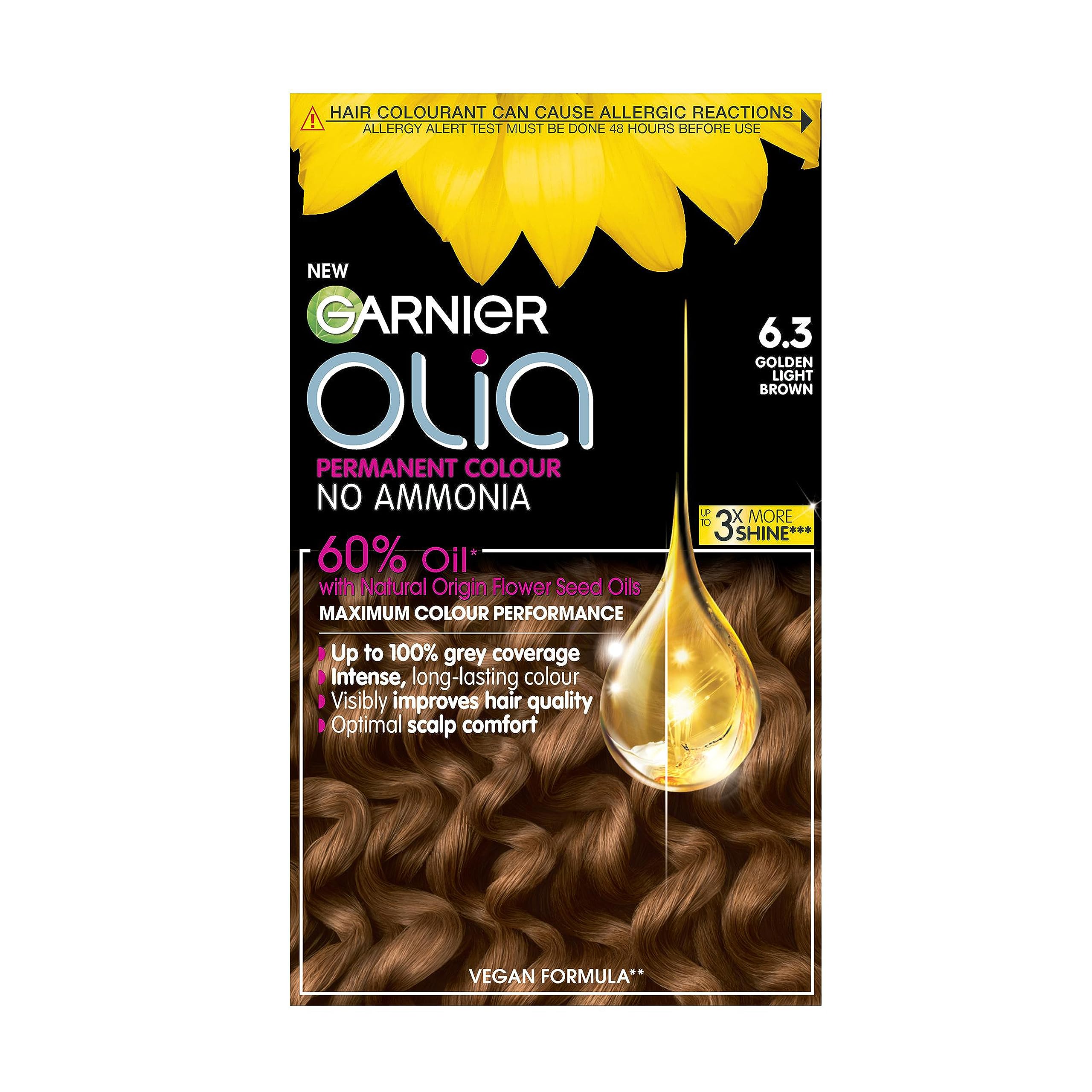 Garnier Olia Permanent Hair Dye, No Ammonia, Full Grey Coverage, Long-lasting Colour & Shine, Vegan Formula, Colour: 6.3 Golden Light Brown, 230g โ image 1