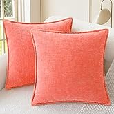 CaliTime Throw Pillow Covers Decorative 18 X 18 Inches Pack of 2 Cotton Thread Stitching Edges Solid Dyed Soft Chenille Cushion Cases for Couch Sofa Bed Living Room Farmhouse Living Coral