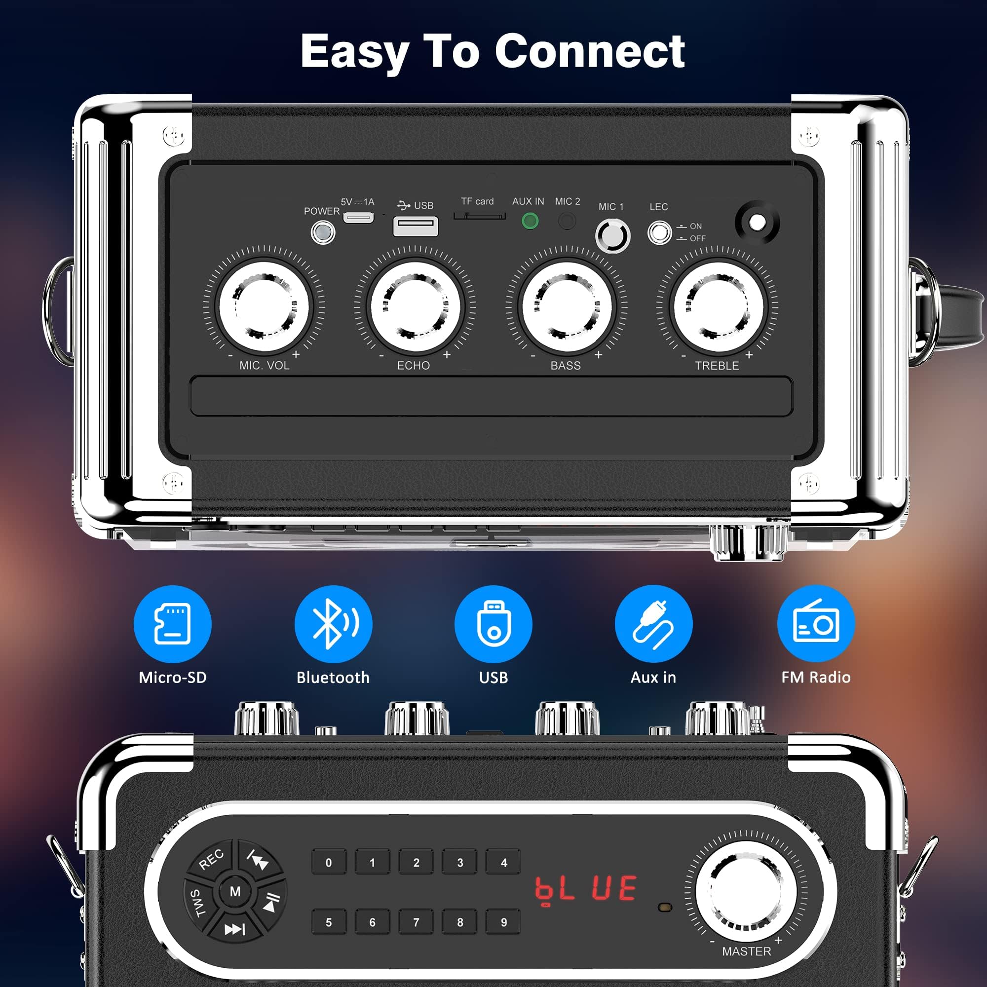 JYX Karaoke Machine with 2 Wireless Microphones, Bluetooth Speaker PA System for Adults and Kids with LED Light, 5200mAh Battery, Supports TWS/REC/FM/AUX in/USB/TF for Christmas Party, Wedding