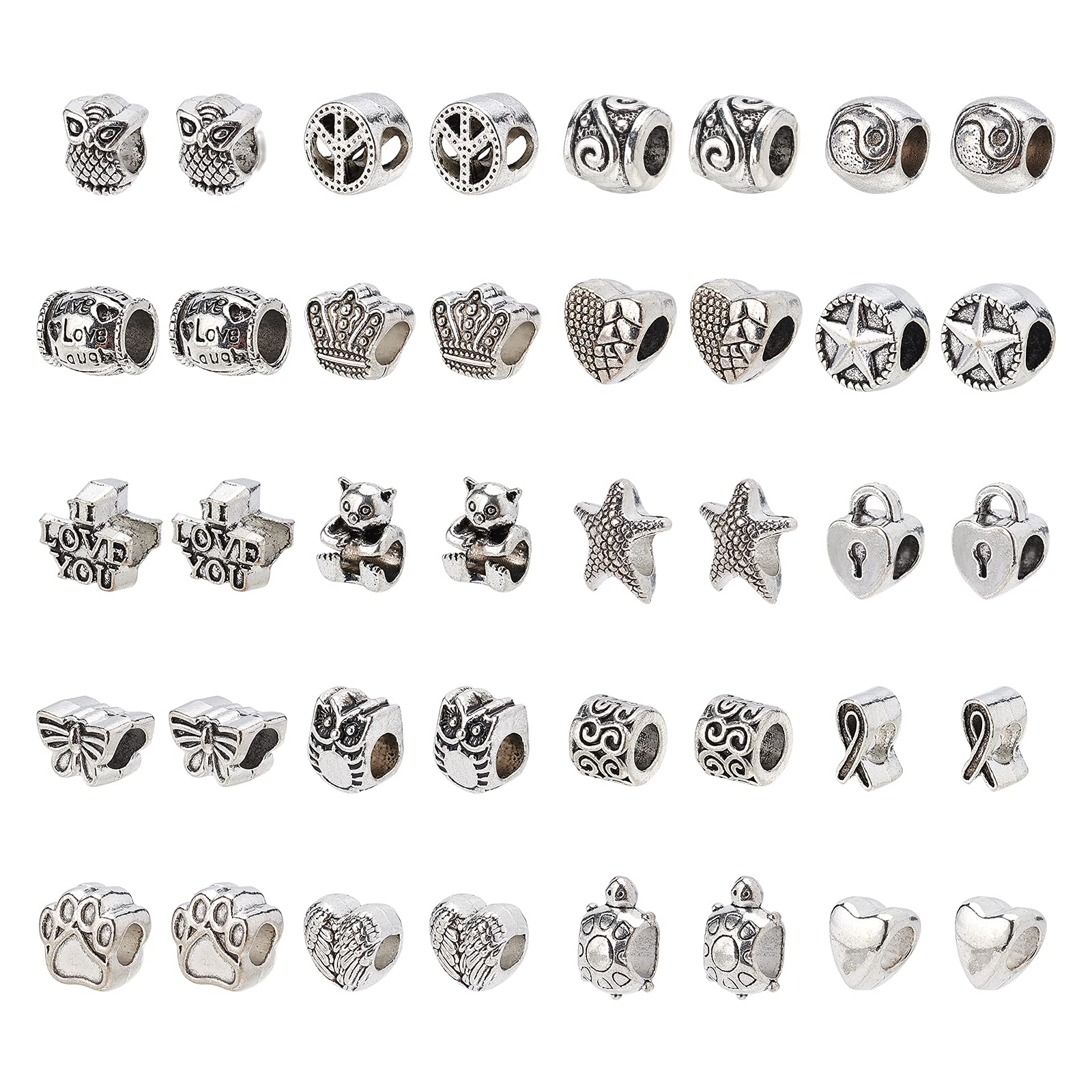 NBEADS 200 Pcs Tibetan Style European Beads, Metal Large Hole Beads Alloy Spacer Loose Beads Antique Silve Charms for Jewelry Making