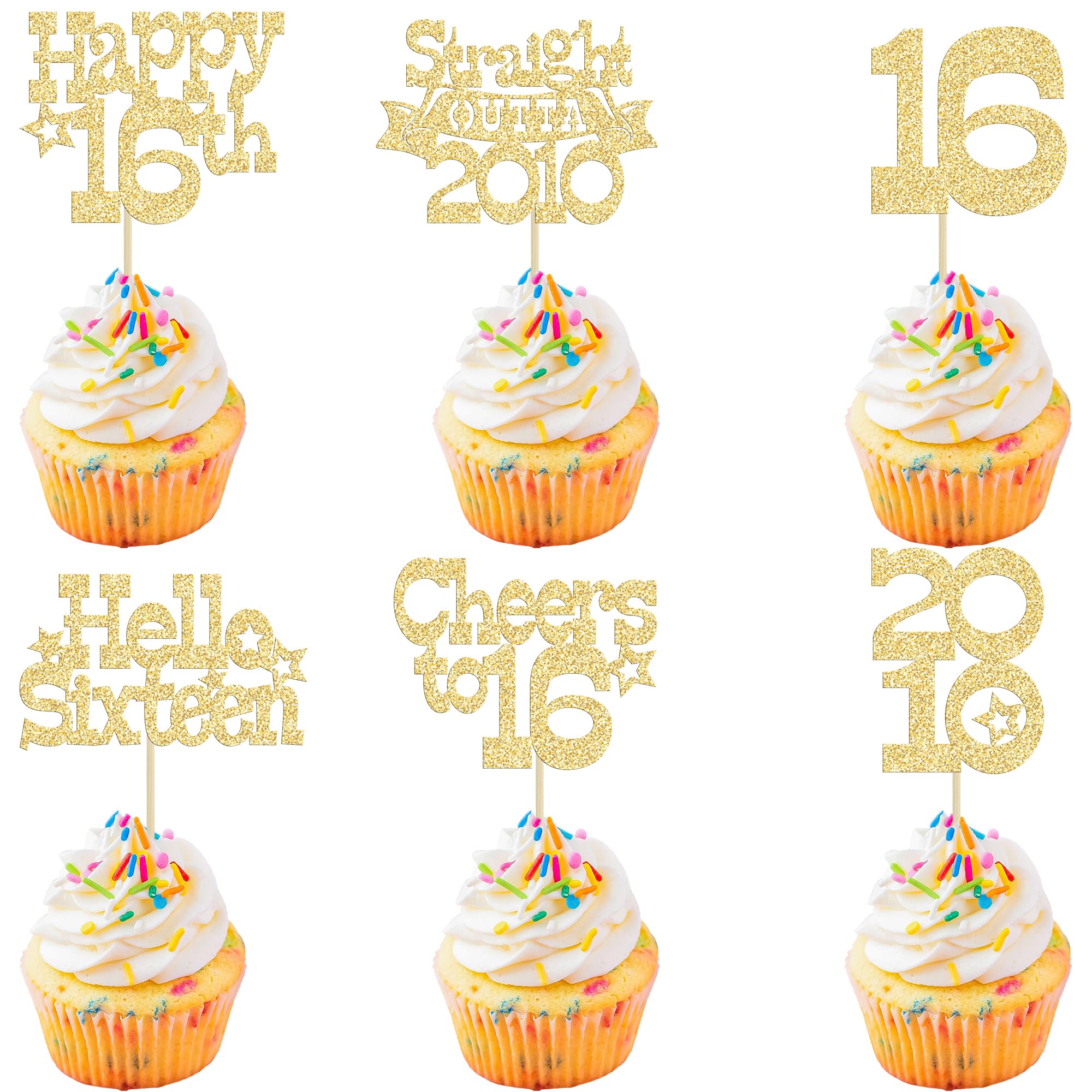 Ephlyn 30Pcs Happy 16th Birthday Cupcake Toppers Glitter Sixteen Straight Outta 2010 Cupcake Picks Cheers to 16 Years Cake Decorations for 16th Birthday Anniversary Party Supplies Gold