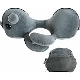 Inflatable Travel Neck Pillow for Airplane & Long Flights | 360° Cervical Support | Ultra-Compact & Lightweight with Washable Velour Cover | Easy Manual Pump Inflation