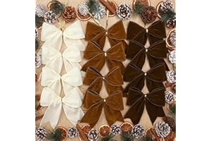 Janinka 12 Pcs Christmas Velvet Bows 6 Inch Rustic Wreath Gift Bows Vintage Xmas Velvet Ribbon Bow Ornaments for Christmas Farmhouse Tree Garland DIY Craft Wrapping Decorative(Rustic Neutral)