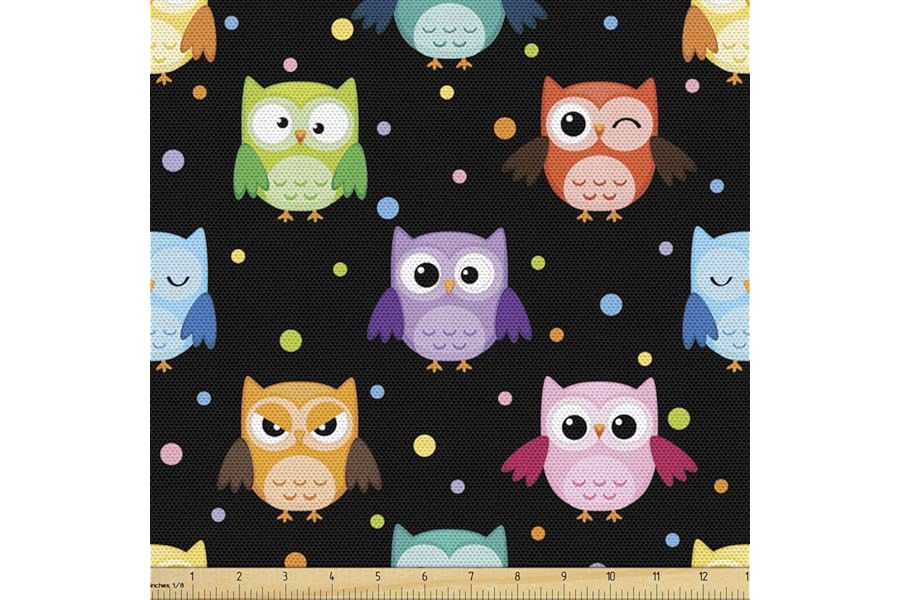 Ambesonne Owls Fabric by The Yard, Colorful Birds with Different Expressions Funny Confused Serious Characters Dots, Decorative Fabric for Upholstery and Home Accents, 1 Yard, Black