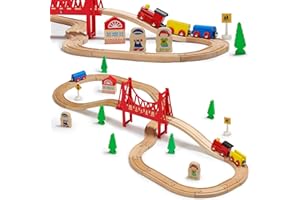 SainSmart Jr. Wooden Train Set for Toddler - Double-Side Wooden Tracks Fits Brio, Thomas, Melissa and Doug - Expandable, Changeable-Kids Wood Toy Train for 3,4,5 Year Old Boys and Girls