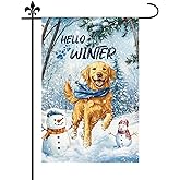 Golden Retriever Winter Garden Flag, 18x12in Double Sided Hello Winter Dog Puppy Yard Flag for Outside Winter Outdoor Decoration