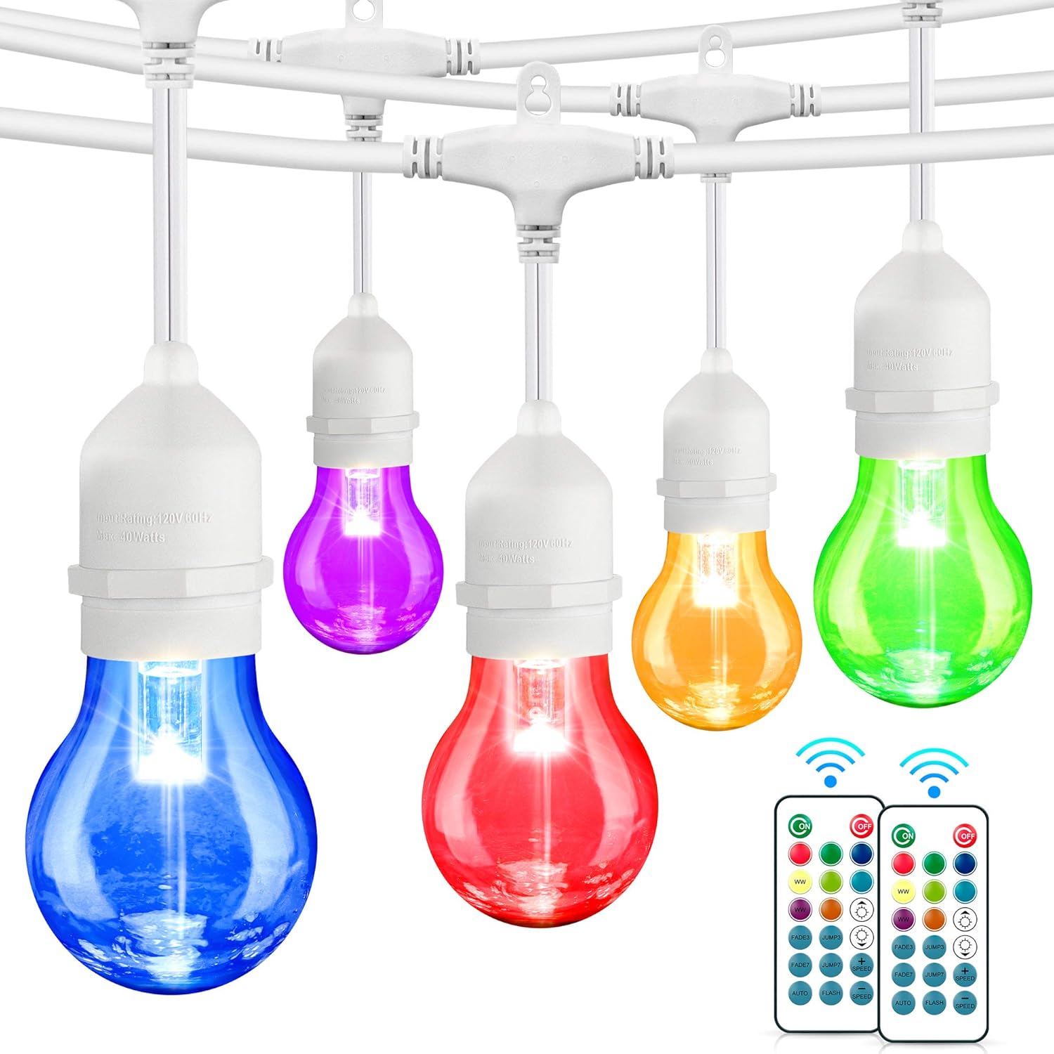 48FT Colored Outdoor String Lights, Warm White&RGB Café LED