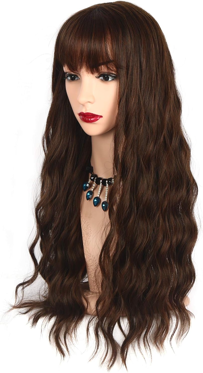 Chisu Synthetic Wigs With Bangs For Women Glueless Wigs Long Wavy Style Wig 26inches Linen Yellowish Brown Color - Image 4