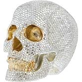 Halloween Skull Decor - 1Pc Silver Human Head Skull Bling Resin Realistic Skeleton Head Statue for Home Decoration, Party, Table, Bookshelf, and Gothic Style Collectible - 3.73x3.34x2.36in