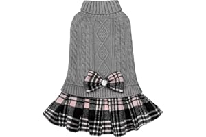 KYEESE Dog Sweaters for Small Dogs Girl Comfy Dog Sweater with Bowtie Checkered Turtleneck Small Dog Sweater Warm Dog Sweater Dress Dog Clothes Pet Sweater Knitwear Dog Coats, Grey, Large