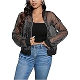 Floerns Women's Plus Size Glitter Long Sleeve Mesh Coats Zip Up Sheer Bomber Jackets