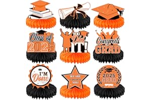 Yisong 9 Pieces 2025 Graduation Party Table Decorations Class of 2025 Congrats Graduation Centerpieces for Tables Congratulate Honeycomb Centerpiece Topper for Grad Party Supplies(Orange)