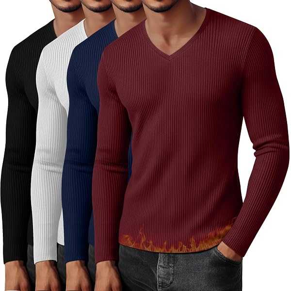 Baggyfly 3 Pack Men's V Neck Thermal Ribbed Shirts Cotton Long