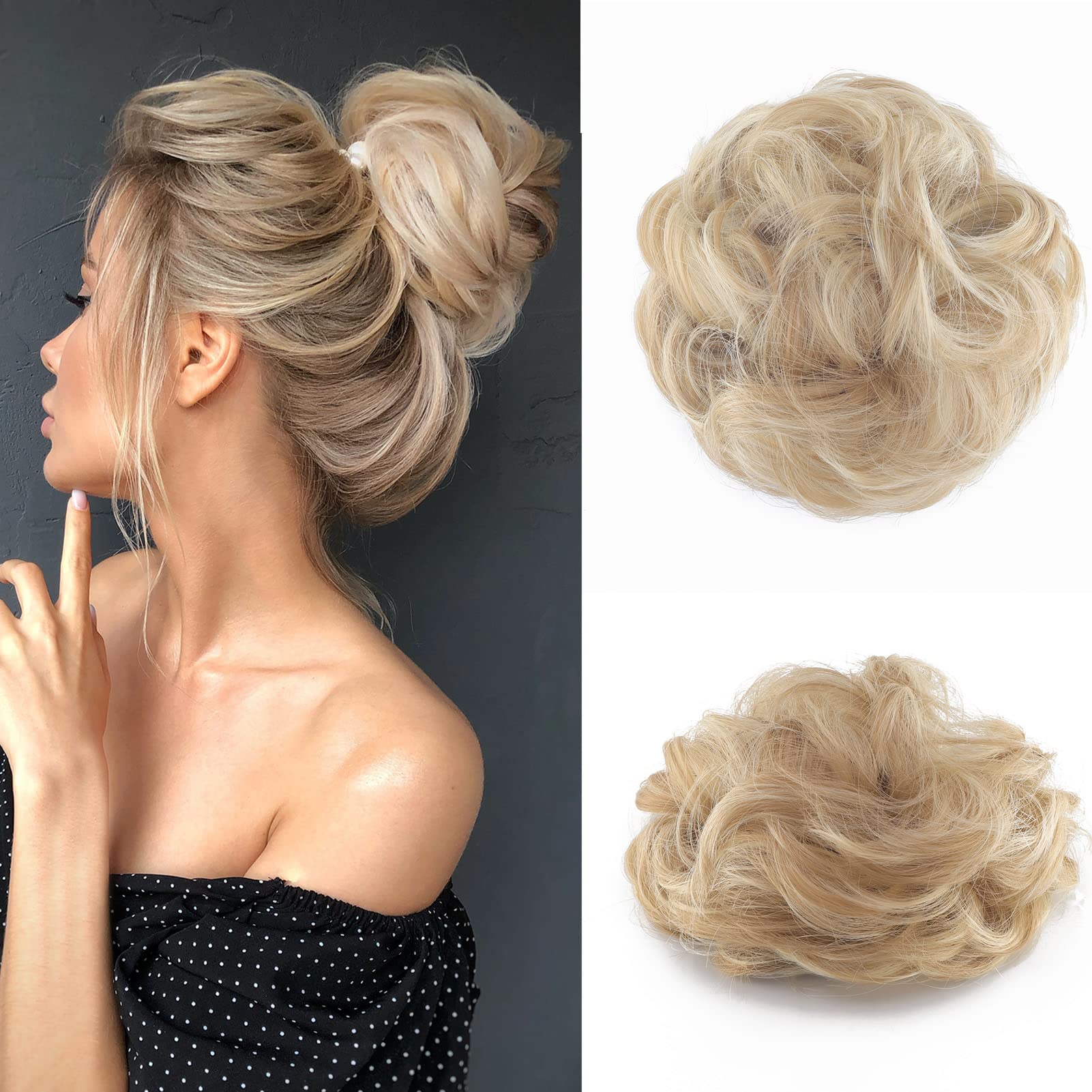 Cybelleza Messy Bun Hair Piece Curly Hair Scrunchies Thick Messy Hair Bun Updo Hairpiece Synthetic Ribbon Ponytail Extensions Donut Chignons Wavy Wig for Women Girls, 35g Ash Brown & Blonde