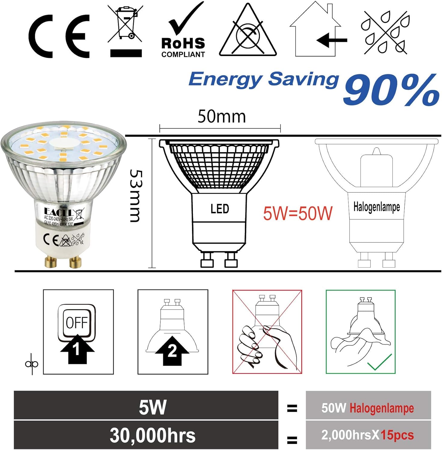 EACLL GU10 LED Bulbs Neutral White 4000K 4.9W Equivalent 75W Halogen, Pack of 6, 585 Lumens AC 230V Flicker-Free Spot Light - Image 5