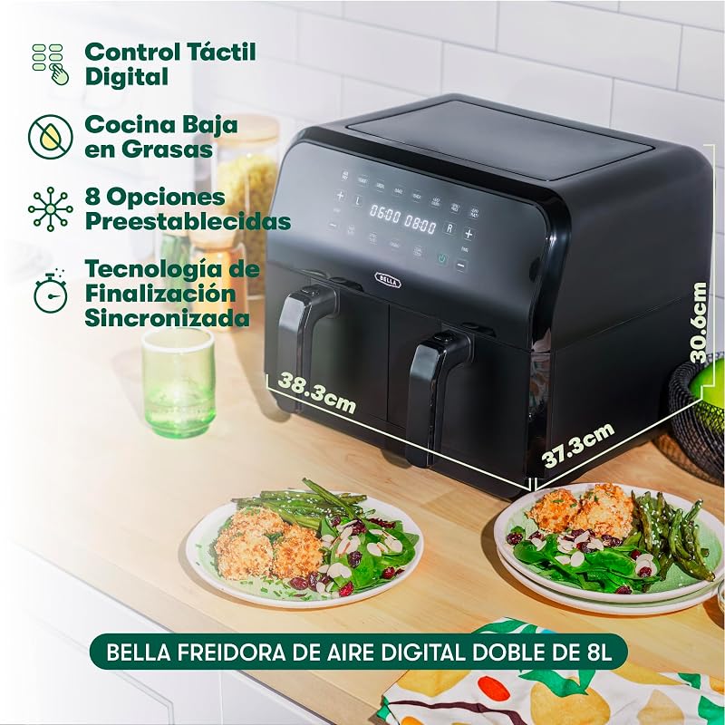 Freidora de aire de 8L, doble canasta y pantalla táctil, 8 opciones de cocción, temperatura ajustable, apagado automático, bandejas antiadherentes, 1700W, color negro