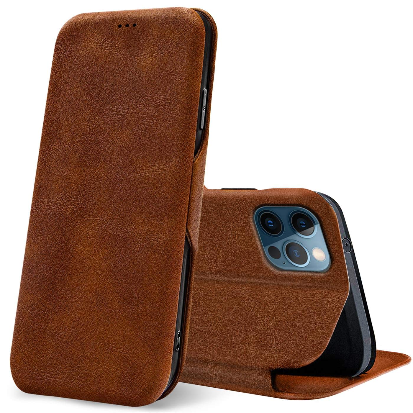Verco Book Style for iPhone 12 Pro Max Case, Premium Magnetic Flip Cover for Apple iPhone 12 Pro Max Wallet Case with Card Slot [6.7 inch, Brown