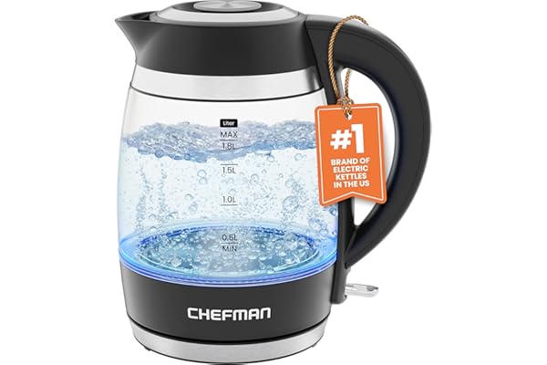 Chefman Electric Kettle, 1.8L 1500W, Hot Water Boiler, Removable Lid for Easy Cleaning, Auto Shut Off, Boil-Dry Protection, Stainless Steel Filter, BPA Free, Borosilicate Glass Electric Tea Kettle