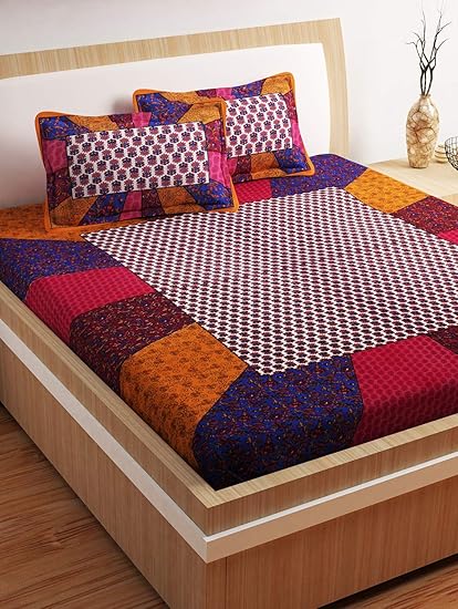 Story @ Home 120 TC 100% Cotton 1 Double Bedsheet and 2 Pillow Covers - Printed, Maroon