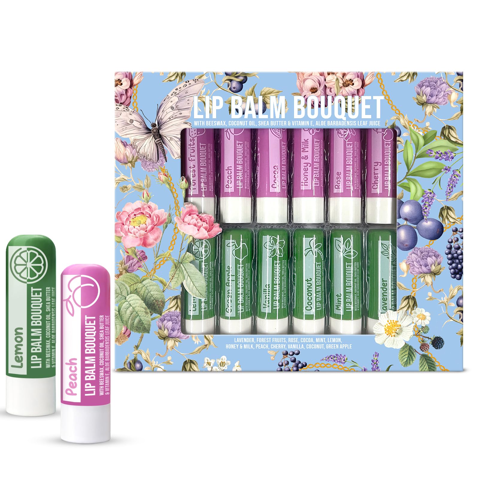 Beauty4Britain Set of 12 Luxury Lip Balms Bouquet 12 Different Scents Unisex Protect & Repair Hydrates Enriched with Beeswax,Coconut Oil, Shea Butter, Vitamin E & Aloe Vera