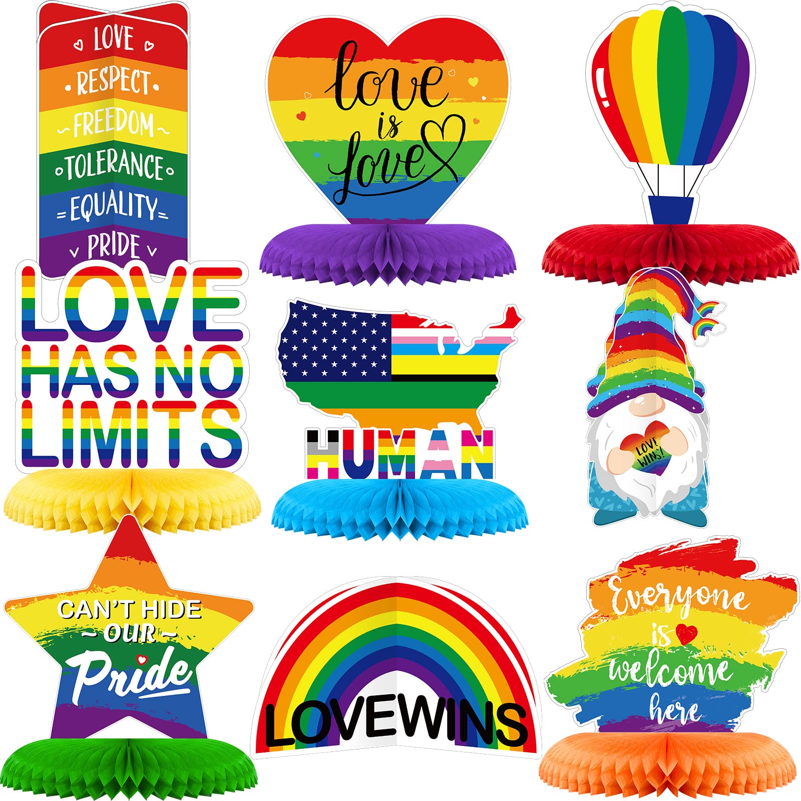 9 Pieces Pride Month Decorations Pride Honeycomb Centerpiece Rainbow Party Decorations Love is Love Table Toppers Centerpieces Love Wins Table Centerpieces for Rainbow Theme Party Supplies