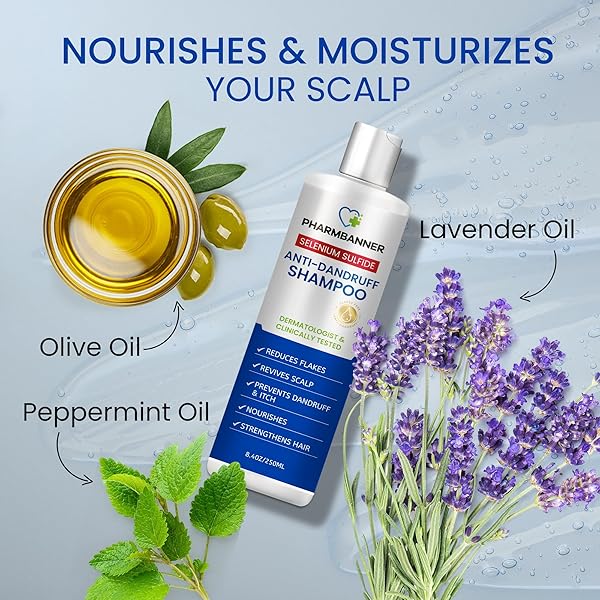 PHARMBANNER ANTI-DANDRUFF SHAMPOO WITH SELENIUM SULFIDE: FOR FLAKY SCALP, ITCHING & SEBORRHEIC DERMATITIS RELIEF – MENTHOL & LAVENDER OIL – MOISTURIZING, COLOR SAFE, GENTLE FOR ALL HAIR TYPES – 8.4OZ