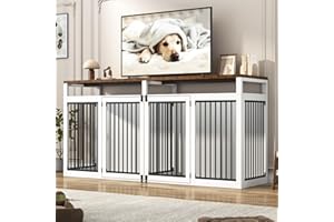 JITEENTAROU 87In Farmhouse Dog Crate TV Stand, Wooden Dog Kennel Furniture with 2 Doors, Large Dog Crate Furniture for 2 Dogs, Solid Metal Tube & 4 Lockable Doors, White