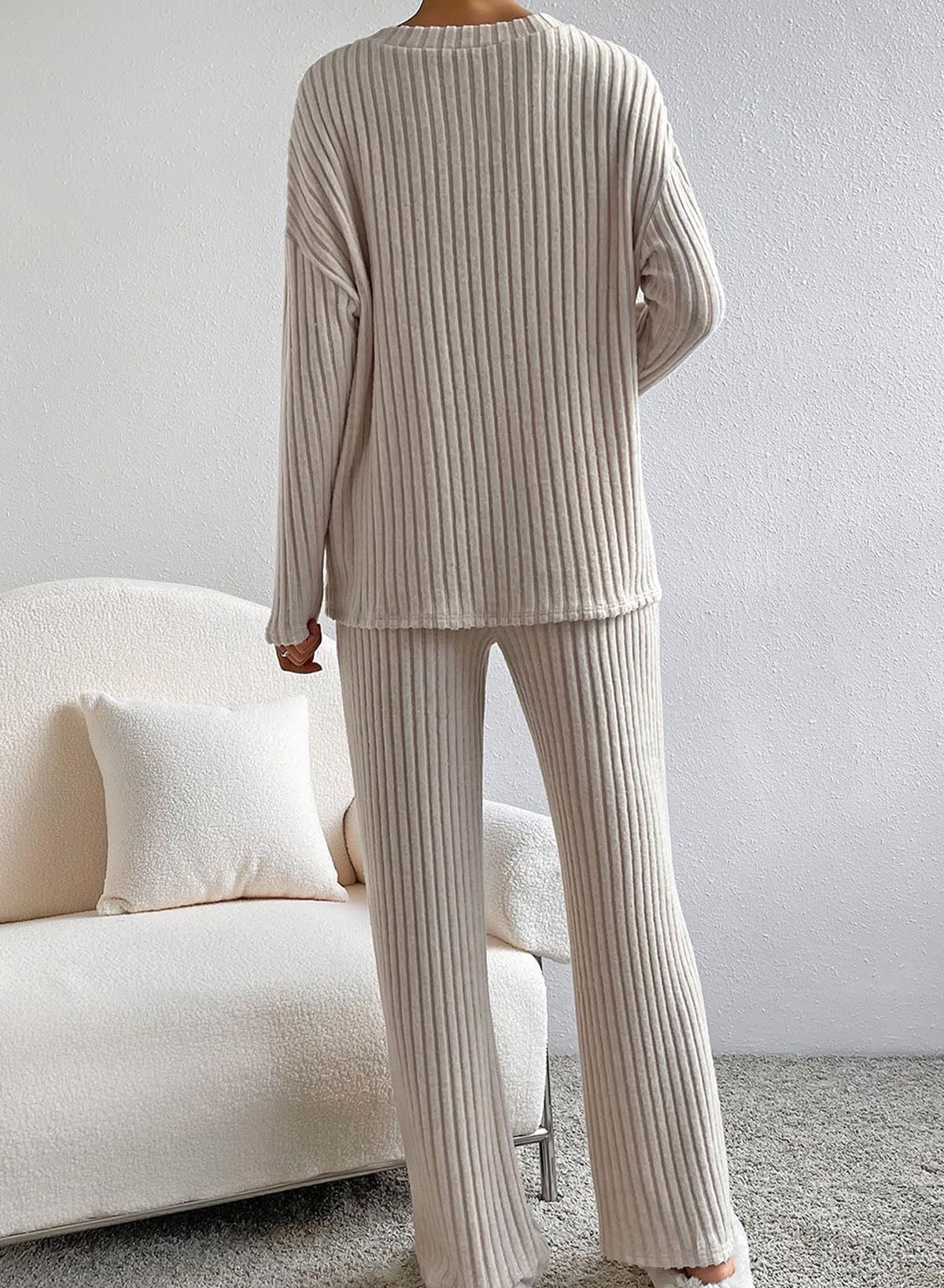 SHEWIN Pajamas for Women Set sweater Lounge Sets for Women V-neck Knit Matching Loungewear Sleepwear Khaki XL - Image 5