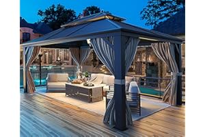 MELLCOM 10'x13' Hardtop Gazebo Galvanized Steel Outdoor Gazebo Canopy Double Roof Pergolas Aluminum Frame with Netting and Curtains for Garden,Patio,Lawns,Parties