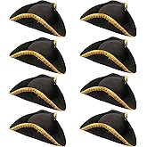 SGBETTER 8 Pack Felt Pirate Tricorn Hat Black Buccaneer Hat with Gold Trimming for Halloween Masquerade Party Role Play Outfit Accessories