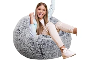 KISOY Fluffy Bean Bag Chair for Kids, 2.5FT Round Memory Foam Filled Bean Bag for Teens & Kids, Ultra Soft Faux Fur Fabric Bean Bag Chairs for Playroom, Living Room, Bedroom, Gray