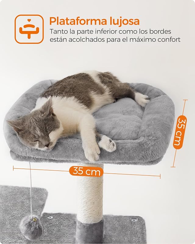 Árvore para gatos, altura 143 cm, torre para gatos, com 4 arranhadores, 2 plataformas, 1 gruta, 1 rede, 2 pompons, tecido felpudo, multinível, cinzento claro PCT161W01