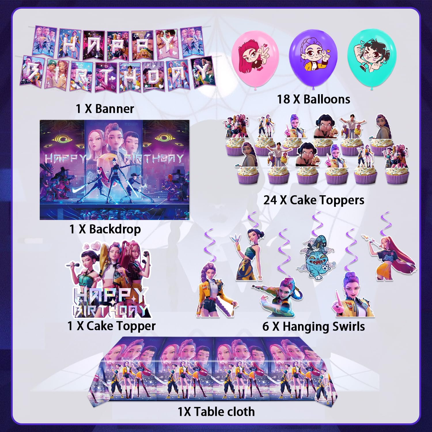 Demon Hunters Birthday Decorations, Party Supplies Set Include Banner, Backdrop, Balloons, Hanging Swirls, Cake Cupcake Toppers, Tablecloth for Boys Girls Kpop Theme Party