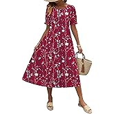 Zeagoo Womens Summer Dress Casual Midi Dresses 2026 Short Puff Sleeve Flare Dress Pleated Flowy Sundress with Pockets