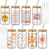 Umigy 8 Pcs Boho Groovy Glass Cups Inspiration Positive Cups with Bamboo Lids and Straws 16 oz Smile Face Daisy Glass Beer Drinking Jars with Cleaning Brushes for Teachers Professors Coworkers