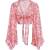 Verdusa Women's 70s Floral Print Tie Front Mesh Cover Up Long Bell Sleeve V Neck Crop Boho Blouse