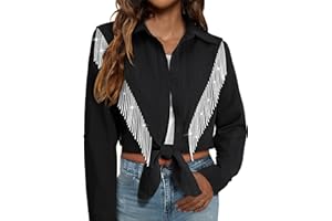 MYMORE Womens Rhinestone Fringe Cropped Button Down Shirt Rolled 3/4 Sleeve Tie Front Top Western Cowgirl Rodeo Outfit