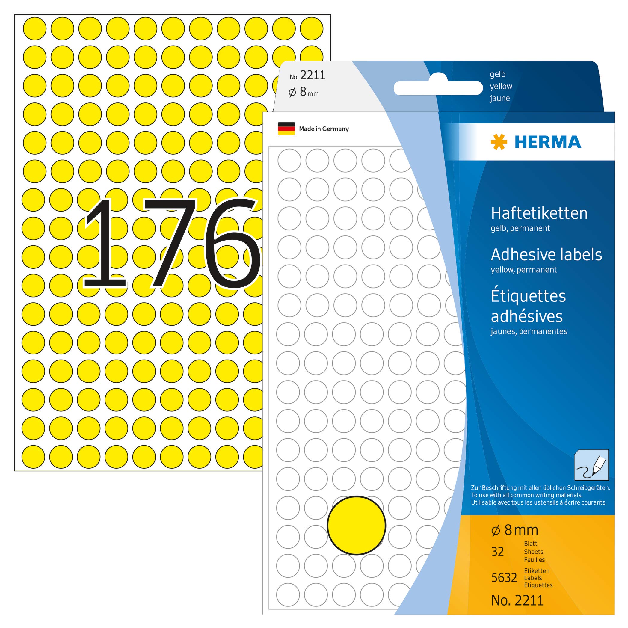 HERMA Dot Stickers Yellow, 5632 Labels, 8 mm, 176 Labels per Sheet, Self Adhesive Round Colour Marking Dots, Sticky Circle Stickers for Color Coding Calendar