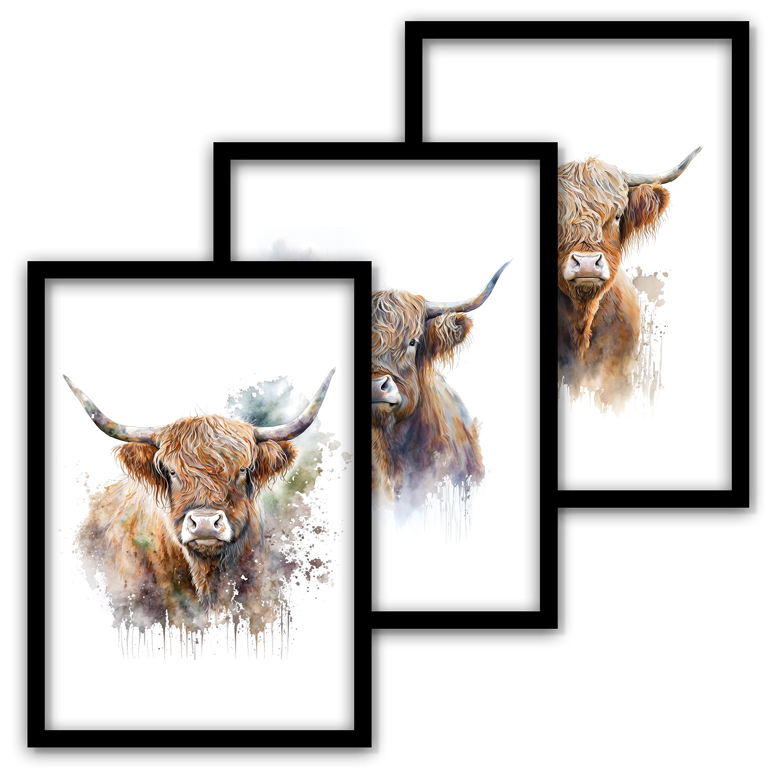 Generic Set of 3 Highland Cow Wall Art Framed Pictures Home Decor (8 x 11 inches, Living Room)
