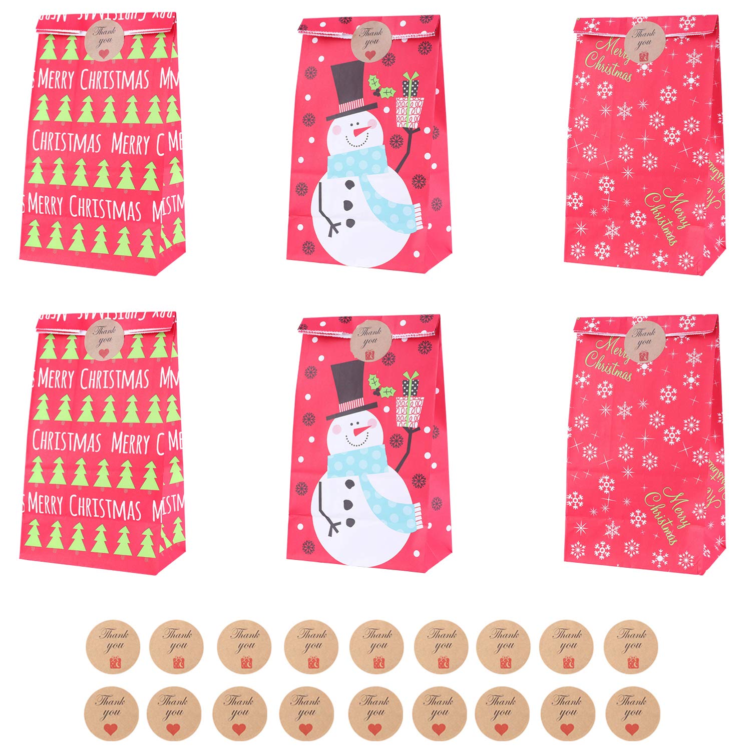 DesignerBox Party Treat Bags & Thank You Stickers- 48 PCS, Christmas Party Supplies Kit - Paper Gift Bags & Stickers Set with Snowflake, Snowman, Xmas Tree Pattern for Kids (#2)