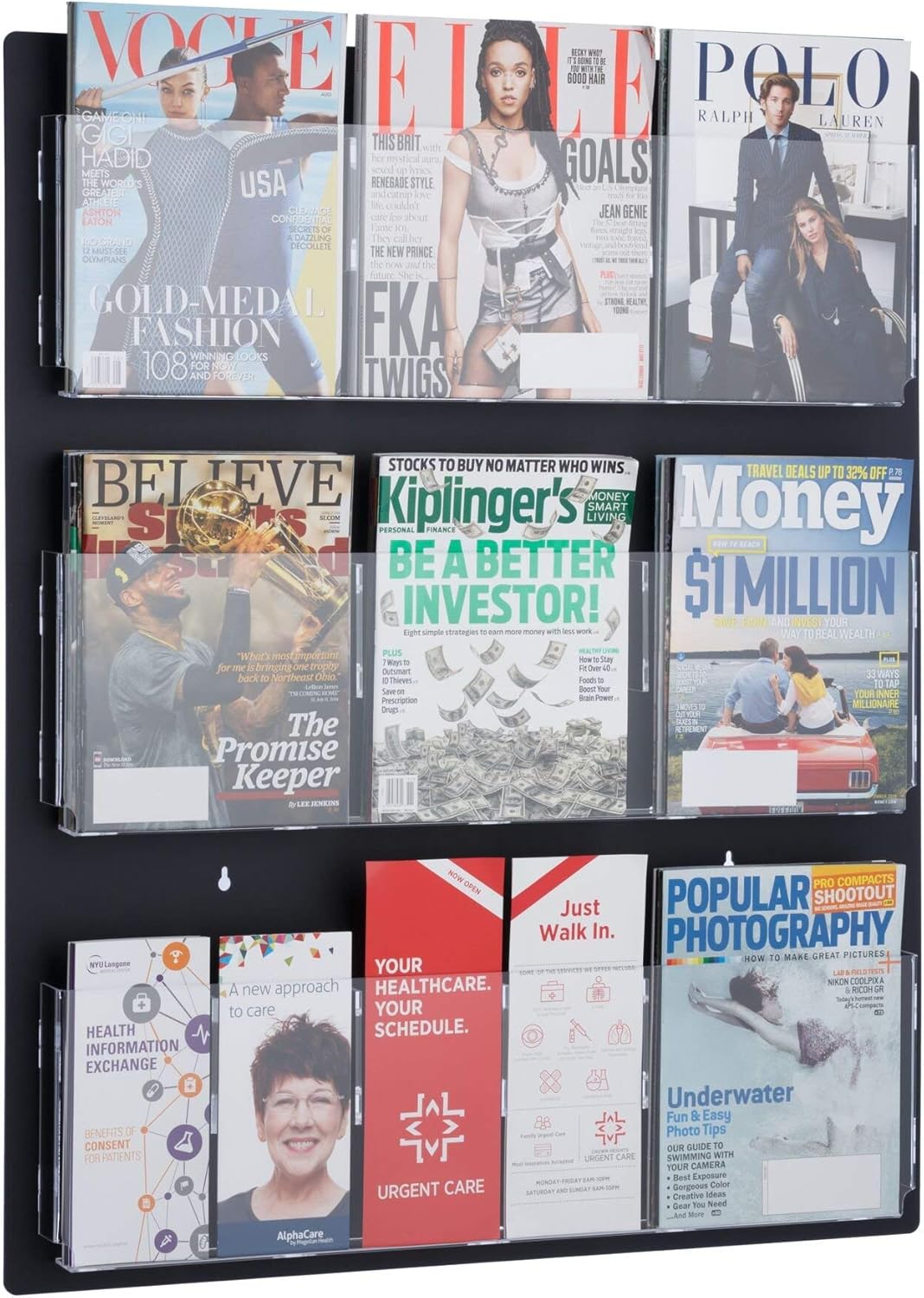 AdirOffice Hanging Magazine Rack with Clear Acrylic Adjustable Pockets, 29"x35"