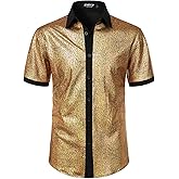 JEMITOP Men's Shiny Metallic Sequin Stretchy Short Sleeve Button Down Shirts for 70s Disco Party Halloween