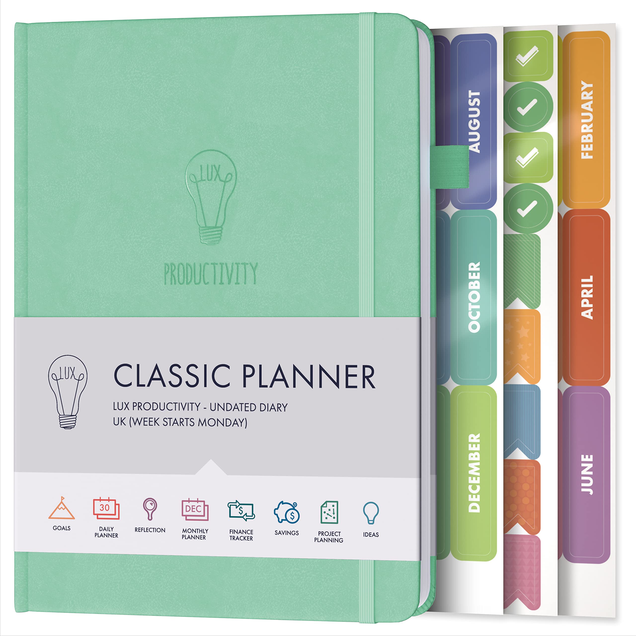 Daily Planner & appointment diary - Gratitude journal, wellness journal & Undated weekly planners and organisers - Desk journals for women & men - LUX Productivity Classic (MINT GREEN)